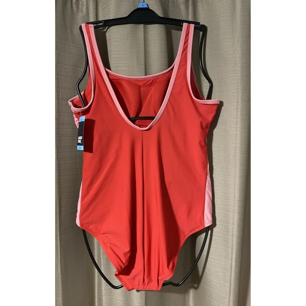 Lands'‎ End Womens Red Pink Colorblock One Piece Swimsuit Scoop Neck Large 14-16